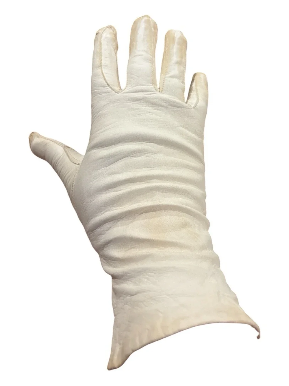 50s MILLER & RHODES IVORY LEATHER RETRO MCM 11” TEA LENGTH DRESS GLOVES SZ 7.5